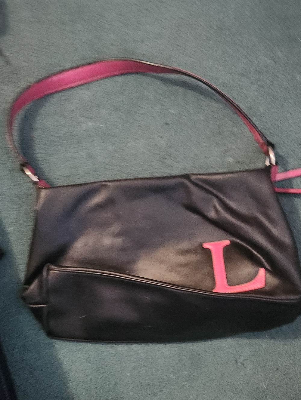 Black Shoulder Bag with Pink Strap and Pink 'L' Accent